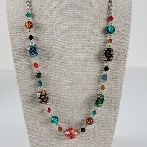 Multicolor Venetian Glass Necklace 22 Inch Silver Tone Lobster Clasp